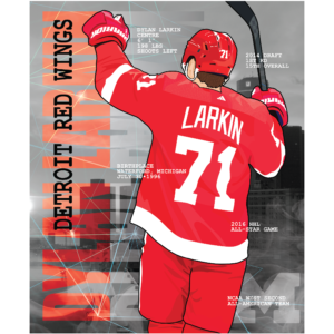 Colorful illustration of hockey player Dylan Larkin.